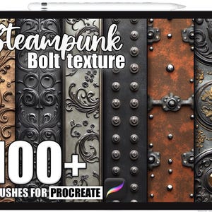Op de afbeelding: Een digitale tablet toont steampunk-texturen. De tekst "Steampunk Bolt texture" staat bovenaan, met "100+ Brushes for Procreate" onderaan. De texturen bevatten sierlijke metalen ontwerpen in bruin, zwart en zilver.