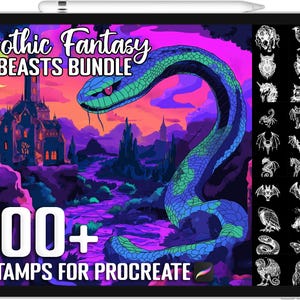 Könnte beinhalten: Eine digitale Illustration einer grünen und blauen Schlange vor einem lila und rosa Hintergrund. Der Text "Gothic Fantasy BEASTS BUNDLE" befindet sich oben im Bild. Der Text "100+ STAMPS FOR PROCREATE" befindet sich unten im Bild. In der oberen rechten Ecke des Bildes befinden sich 20 Schwarzweißillustrationen verschiedener Kreaturen.