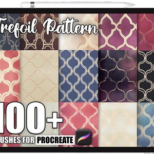 May include: A digital tablet displays a collection of trefoil pattern brushes for Procreate. The screen shows various color combinations and designs, including red, blue, and gold. The text "Trefoil Pattern" and "100+ Brushes for Procreate" are visible.