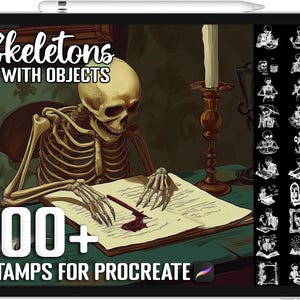 May include: A digital illustration of a skeleton sitting at a table with a book and quill. The image is labelled "Skeletons with Objects" and "100+ Stamps for Procreate". The image also includes a grid of 100+ black and white illustrations of skeletons with various objects.