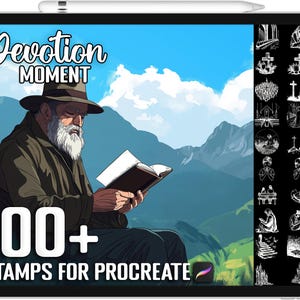 May include: A digital illustration of a man reading a book in a mountainous landscape. The text "Devotion MOMENT" is at the top of the image. The image also includes a grid of 100+ black and white stamps for Procreate, featuring religious imagery such as crosses, churches, and praying hands.