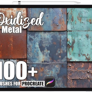 Könnte beinhalten: Ein iPad zeigt 100+ Procreate-Pinsel mit Texturen aus oxidiertem Metall in Braun-, Blau- und Grüntönen. Der Titel "Oxidized Metal" wird in einer stilisierten Schriftart angezeigt. Das Procreate-Logo ist sichtbar.