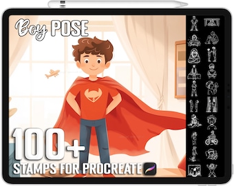 Mais de 100 carimbos de poses de menino e filho para Procreate, pincéis de personagens infantis fofos para Procreate, download digital instantâneo