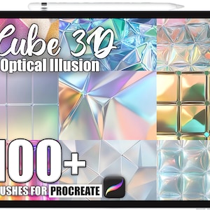 May include: A digital tablet displays a collection of 3D cube optical illusion textures. The screen shows the text "Cube 3D Optical Illusion" and "100+ Brushes for Procreate". The textures are in various colors and styles.