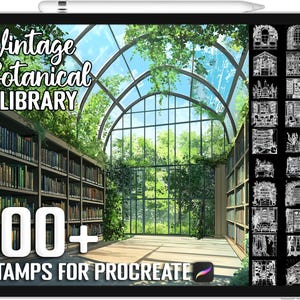 May include: A digital illustration of a library with a glass ceiling and bookshelves filled with books. The text "Vintage Botanical Library" and "100+ Stamps for Procreate" is displayed on the image. The image is a digital product for use in the Procreate app.
