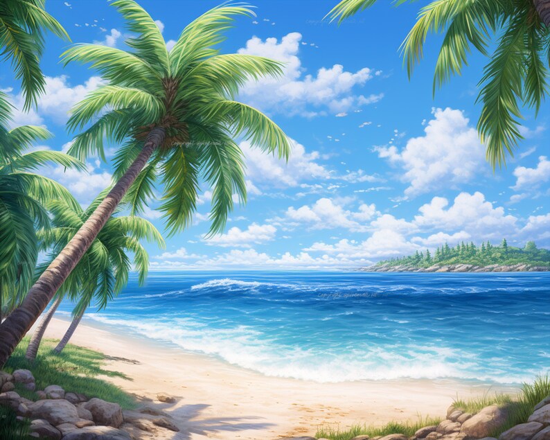 May include: A tropical beach scene with palm trees, white sand, and blue water. The sky is bright blue with white clouds.