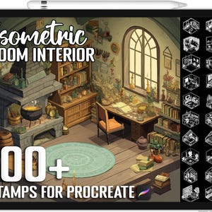 May include: A tablet screen displaying an isometric room interior illustration. The image shows a detailed, colourful drawing of a room with a fireplace, bookshelves, and a desk. Text on the screen reads "Isometric Room Interior" and "100+ Stamps for Procreate."