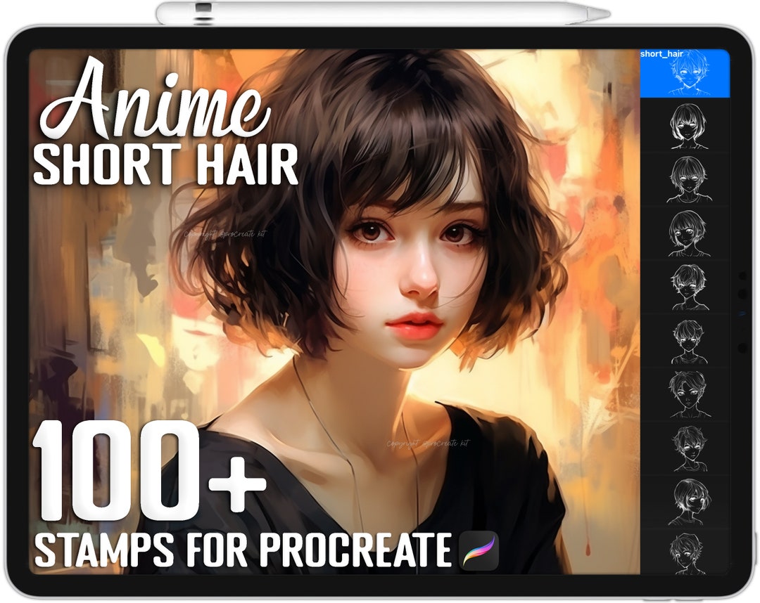 100 Procreate Anime Short Hair Stamps, Short Hair Guide Brushes for
