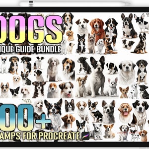 Pode incluir: Uma ilustração digital de mais de 100 carimbos de cães para Procreate. Os carimbos apresentam uma variedade de raças de cães em diferentes poses e cores. O texto "DOGS UNIQUE GUIDE BUNDLE" está no topo da imagem, e o texto "100+ STAMPS FOR PROCREATE" está na parte inferior.