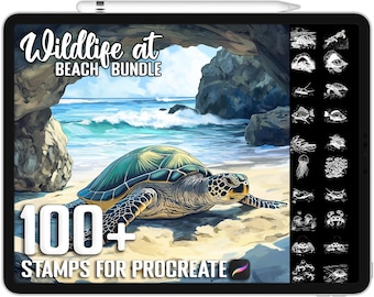 Oltre 100 timbri Procreate Wildlife at the Beach, pennelli realistici per Procreate, download digitale istantaneo