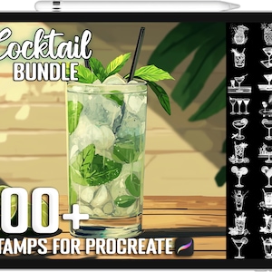 May include: A digital illustration of a mojito cocktail with a green leafy garnish. The image is on a tablet screen with the text "Cocktail Bundle 100+ Stamps for Procreate" displayed on the screen.