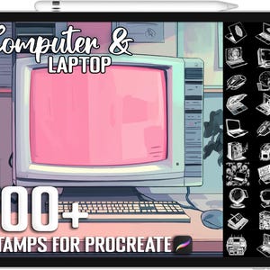 Pode incluir: Uma ilustração digital de uma tela de computador e laptop com o texto "Computer & Laptop" e "100+ Stamps for Procreate" em um fundo branco. A imagem inclui uma coleção de mais de 100 selos de computador e laptop para uso no aplicativo Procreate.