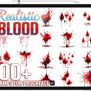 Puede incluir: Una ilustración digital de más de 100 sellos de salpicaduras de sangre realistas para Procreate. La imagen muestra varias gotas de sangre, salpicaduras y goteos en rojo.