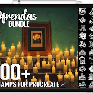 May include: A digital illustration of a tablet screen displaying a collection of over 100 digital stamps for the Procreate app. The stamps are themed around the Day of the Dead, featuring images of candles, skulls, flowers, and other traditional decorations. The text "Ofrendas Bundle" is shown at the top of the screen.