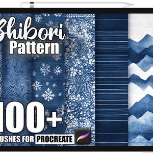 Puede incluir: Una tableta digital muestra una colección de patrones Shibori índigo. La pantalla presenta varios diseños, incluyendo olas, copos de nieve y motivos florales. El texto dice "Shibori Pattern" y "100+ Brushes for Procreate."