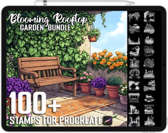 Oltre 100 timbri Procreate Blooming Rooftop Garden, pennelli per Procreate, download digitale istantaneo