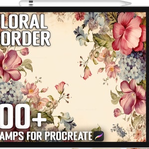 May include: A digital tablet screen displaying a floral border design with the text "Floral Border" and "100+ Stamps for Procreate". The design features pink, red, blue, and green flowers.
