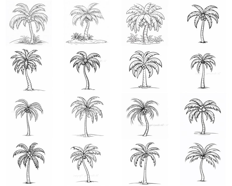 May include: A collection of 16 black and white line drawings of palm trees. Each palm tree is drawn in a simple, stylized manner, with a single trunk and a crown of fronds. The trees are all different sizes and shapes, and some have coconuts on their branches.