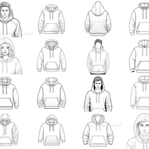 May include: A collection of 12 black and white line drawings of hoodies. The hoodies are shown on different people, including men, women, and children. The hoodies are all different styles, with some having pockets and others having drawstrings.