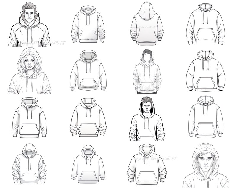 May include: A collection of 12 black and white line drawings of hoodies. The hoodies are shown on different people, including men, women, and children. The hoodies are all different styles, with some having pockets and others having drawstrings.