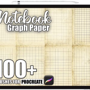 May include: A digital tablet displays a notebook with graph paper. The text "Notebook Graph Paper" is at the top, with "100+ BRUSHES FOR PROCREATE" at the bottom. The Procreate app icon is in the lower right corner.