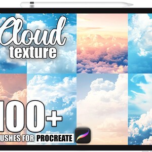 Könnte beinhalten: Ein digitales Tablet zeigt eine Sammlung von Wolkentexturen. Der Text "Cloud texture" steht oben, darunter "100+ brushes for Procreate". Der Bildschirm zeigt verschiedene Wolkenformationen in Blau-, Rosa- und Weißtönen.