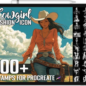 May include: A digital illustration of a cowgirl wearing a white cowboy hat and a red and orange shirt. The image is a digital stamp for Procreate and includes the text "Cowgirl Fashion Icon" and "100+ Stamps for Procreate".