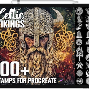 May include: A digital illustration of a Viking warrior with a horned helmet and a long beard. The warrior is surrounded by Celtic knotwork and a background of swirling colors. The text "Celtic Vikings 100+ Stamps for Procreate" is displayed at the bottom of the image.