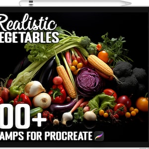 Puede incluir: Una ilustración digital de una colección de verduras realistas, que incluyen maíz, berenjena, col roja, tomates, cebollas, ajos y pimientos. La imagen está etiquetada como "Verduras realistas 100+ sellos para Procreate".