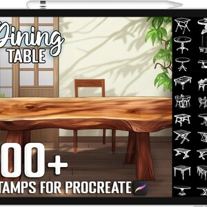 May include: A digital illustration of a wooden dining table with a rustic finish. The image includes the text "Dining Table" and "100+ Stamps for Procreate". The image also shows a variety of different table and chair designs in black and white.
