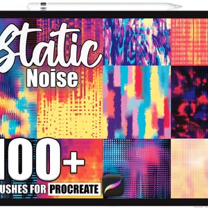 Op de afbeelding: Een digitale tablet toont een verzameling kleurrijke abstracte kunstpatronen. De tekst "Static Noise" staat bovenaan, met "100+ Brushes for Procreate" onderaan. Een stylus ligt aan de bovenrand van de tablet.