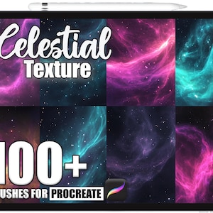 May include: A digital tablet shows a grid of eight vibrant celestial textures in pink, purple, turquoise, and blue. The text "Celestial Texture" is at the top, and "100+ Brushes for Procreate" is at the bottom.