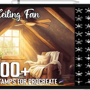 May include: A digital illustration of a room with a ceiling fan, a window with sunlight streaming in, and a chair. The text "Ceiling Fan" is at the top of the image. Below the image is the text "100+ STAMPS FOR PROCREATE". The image is a digital product for use in the Procreate app.