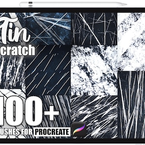 Può includere: Un tablet digitale mostra una collezione di 100+ pennelli graffio per Procreate. Lo schermo mostra varie texture in bianco e nero, con le parole "Tin Scratch" e "100+ Brushes for Procreate" in testo bianco.