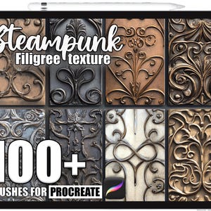May include: A digital art display on a tablet featuring steampunk filigree textures. The image showcases a collection of 100+ brushes for Procreate, with ornate, metallic designs in various colors, including bronze, silver, and gray. The text "Steampunk Filigree texture" is displayed at the top.