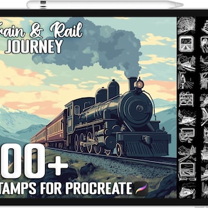 May include: A digital illustration of a vintage steam train traveling through a mountain landscape. The image is accompanied by a set of 100+ digital stamps for Procreate, featuring train-related elements like tracks, windows, and wheels. The text "Train & Rail Journey" appears at the top of the image.