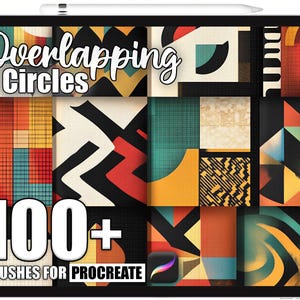Può includere: Un tablet digitale mostra una collezione di motivi geometrici colorati. Il testo "Overlapping Circles" è in alto, con "100+ Brushes for Procreate" in basso. I motivi includono cerchi, linee e forme astratte in vari colori.