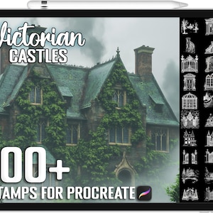Könnte beinhalten: Eine digitale Illustration eines viktorianischen Schlosses mit einem Textüberlagerung, die "Victorian Castles 100+ Stamps for Procreate" lautet. Das Bild ist eine digitale Illustration eines viktorianischen Schlosses mit einem Textüberlagerung, die "Victorian Castles 100+ Stamps for Procreate" lautet.