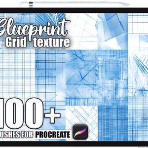 Può includere: Un tablet digitale mostra una collezione di texture a griglia di progetti blu. Il testo "Blueprint Grid texture" è in alto, con "100+ Brushes for Procreate" in basso. Uno stilo è posizionato in alto.