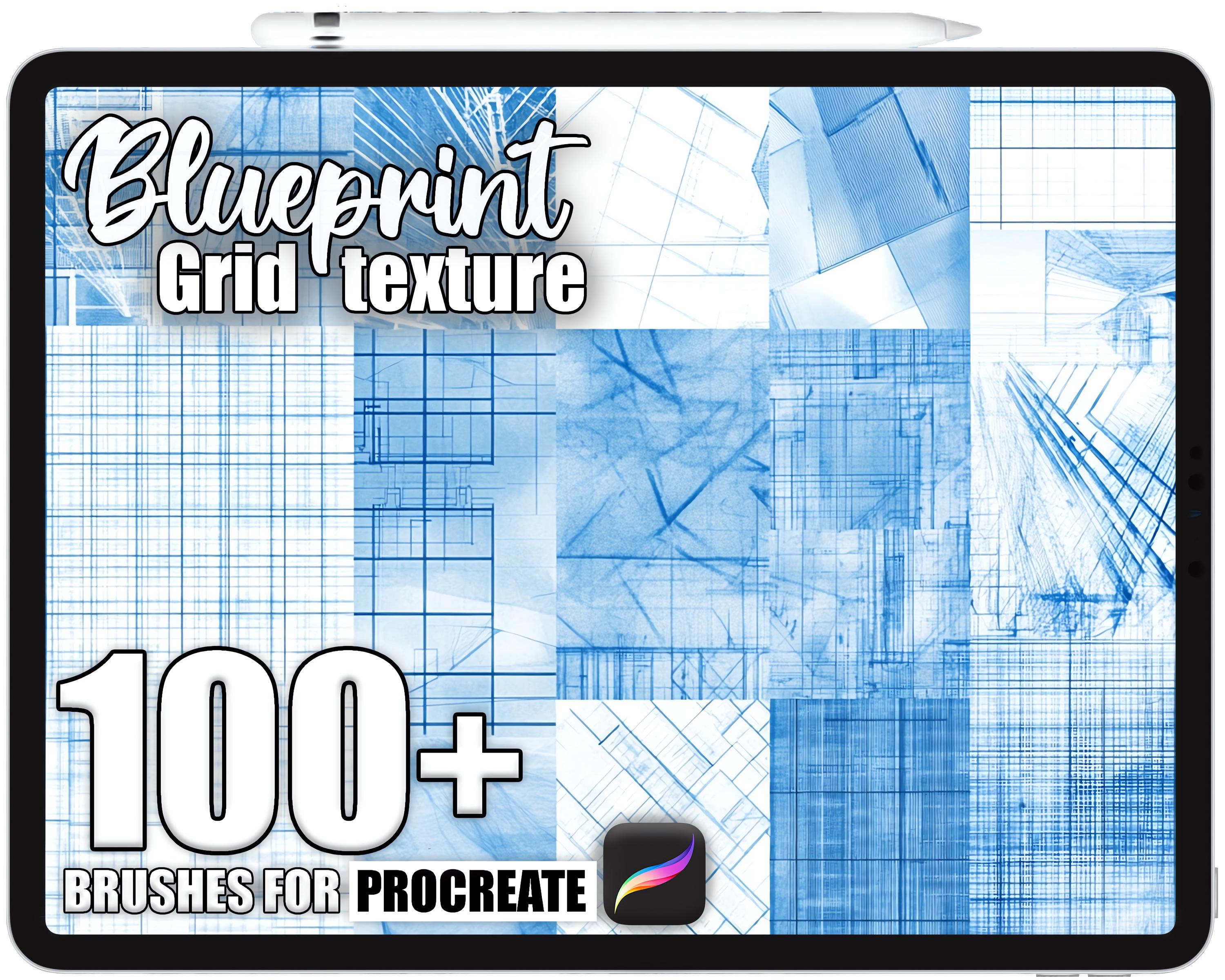 100+ pinceles de cuadrícula para Procreate tipo blueprint – rejillas arquitectónicas, líneas técnicas y marcas de medición