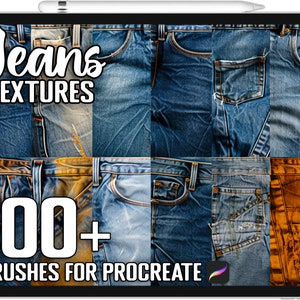 Può includere: Un'illustrazione digitale di uno schermo di tablet che mostra una collezione di oltre 100 texture di denim da utilizzare con l'app Procreate. L'immagine mostra una varietà di texture di denim blu con diversi lavaggi e motivi.