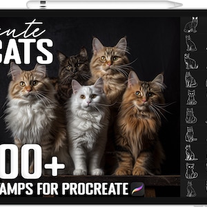 100 種類以上の Procreate 猫スタンプ、Procreate 用猫ブラシ、即時デジタルダウンロード