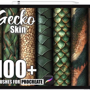 Può includere: Schermo di tablet con texture digitali di pelle di geco in verde, marrone e oro. Il testo "Gecko Skin" e "100+ Brushes for Procreate" sono bianchi. Uno stilo è in alto. Texture per l'arte digitale.