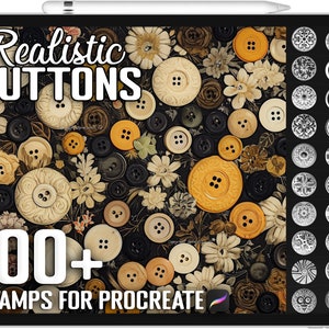 May include: A digital illustration of a collection of 100+ realistic buttons for use with the Procreate app. The buttons are various colors and textures, including wood, metal, and plastic. The image also includes a variety of floral patterns.