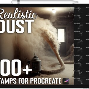 May include: A digital illustration of a tablet screen displaying a set of 100+ realistic dust stamps for Procreate. The image shows a dusty room with a vacuum cleaner and a hose. The stamps are shown on the right side of the screen.