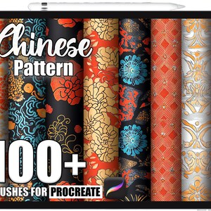 May include: A digital tablet displays a collection of Chinese pattern brushes for Procreate. The patterns feature floral and geometric designs in red, gold, black, and blue. The text "Chinese Pattern" and "100+ Brushes for Procreate" are visible.