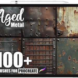 May include: A tablet screen displaying digital art textures of aged metal. The title "Aged Metal" is visible, alongside "100+ Brushes for Procreate". The image presents a variety of rusty and weathered metal panels, ideal for digital art projects.