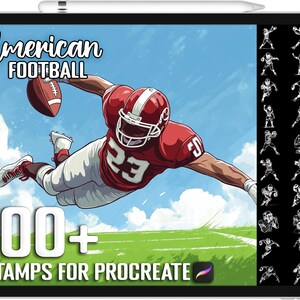 May include: A digital illustration of an American football player running with the ball. The image is on a tablet screen with the text "American Football" and "100+ Stamps for Procreate". The image also includes a set of 100+ black and white illustrations of football players in various poses.