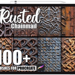 Puede incluir: Un producto de arte digital en una tableta, con texturas de cota de malla oxidada. El título "Rusted Chainmail" está en escritura blanca, con "100+ BRUSHES FOR PROCREATE" debajo. Las texturas son en tonos marrones, grises y anaranjados.