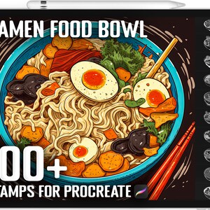 May include: A digital illustration of a bowl of ramen noodles with various toppings, including eggs, vegetables, and meat. The image is labeled "Ramen Food Bowl" and "100+ Stamps for Procreate".